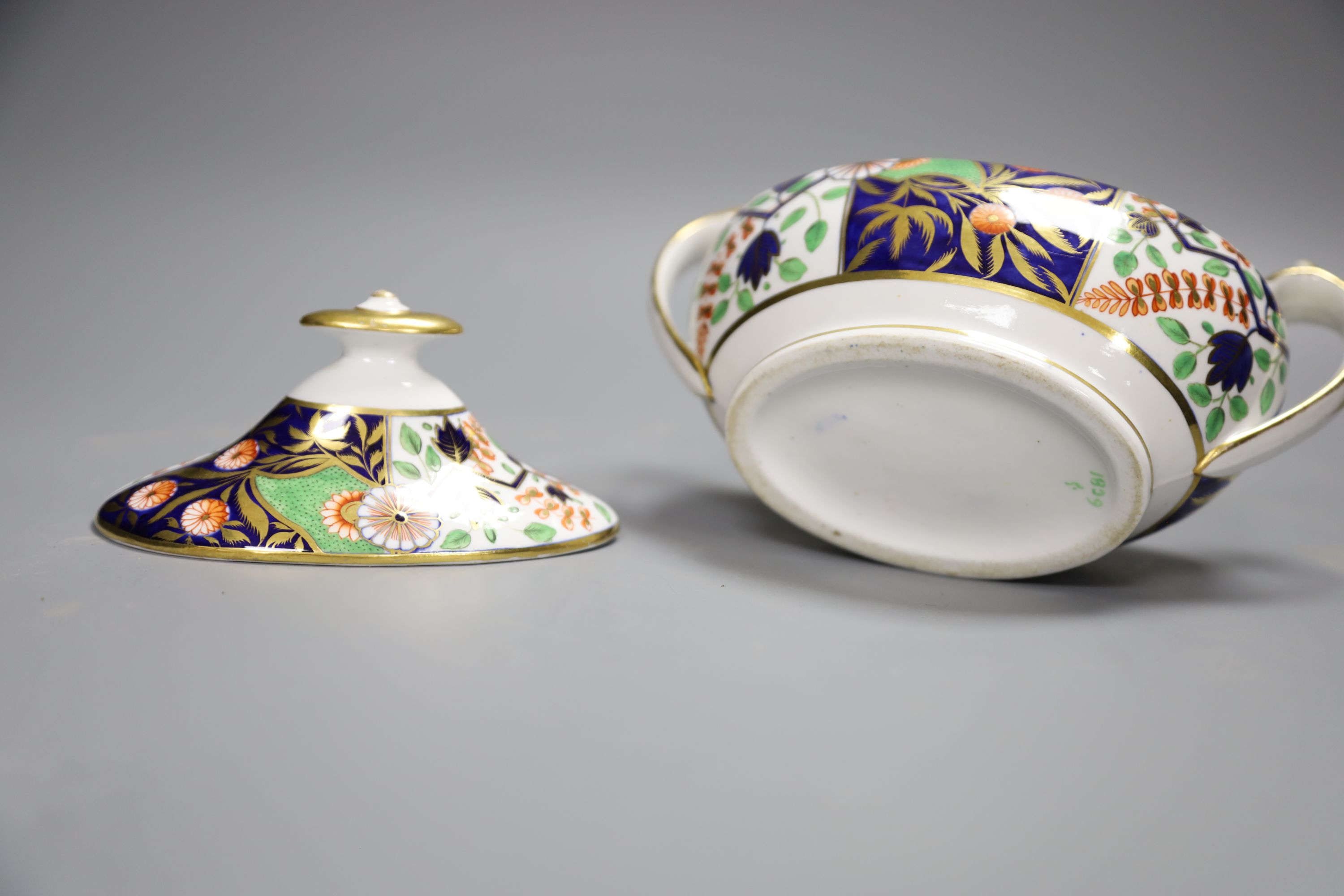 A Spode sucrier and cover painted in Imari style with pattern 1839